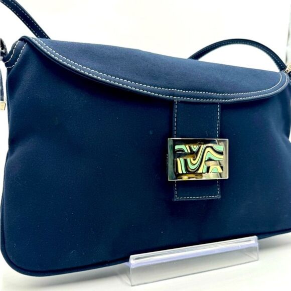 Fendi Mama Double Flap Navy Blue Canvas Limited Edition Baguette Preloved Purse - Picture 4 of 16